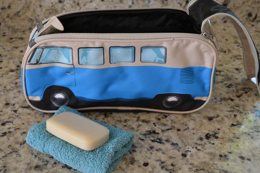 Blue Campervan Wash Bag with soap and flannel