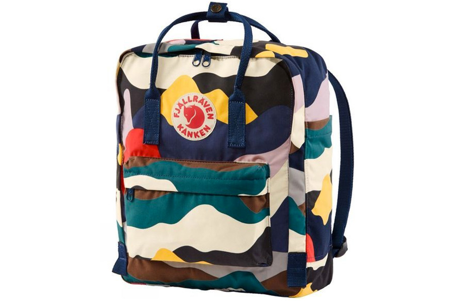 A multi-coloured backpack with a camouflage type design