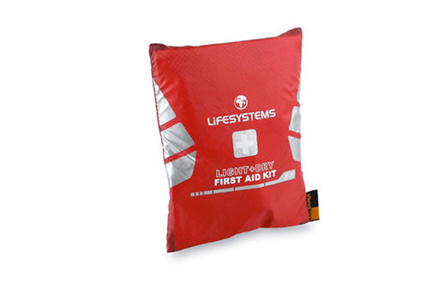 A small, red first aid kit by Life Systems
