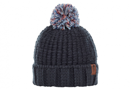 A blue knitted hat with a light blue bobble on the top