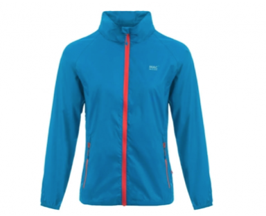 A blue waterproof jacket with a red zip down the middle