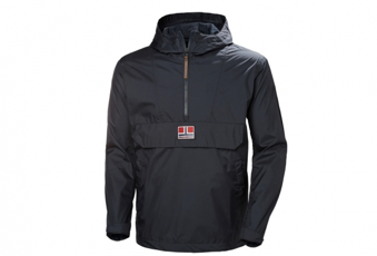 A black Helly Hansen jacket with a zip half way down the middle, and a pocket on the front