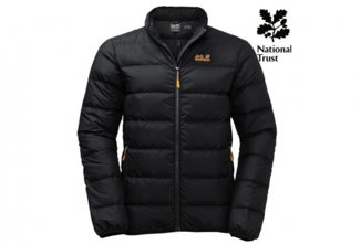 A black Jack Wolfskin puffer jacket with a yellow logo on the right hand side