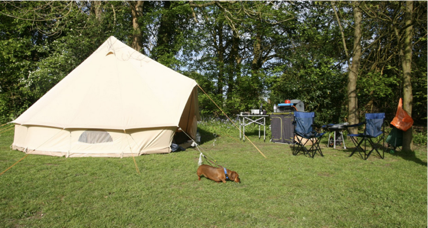 A beige glamping tent in a green field with camping equipment next to it