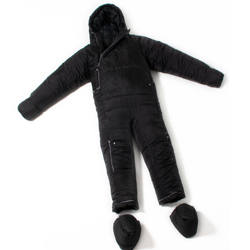 A black sleeping bag suit, with arms and legs, the feet from the sleeping bag are removed and shown below the suit