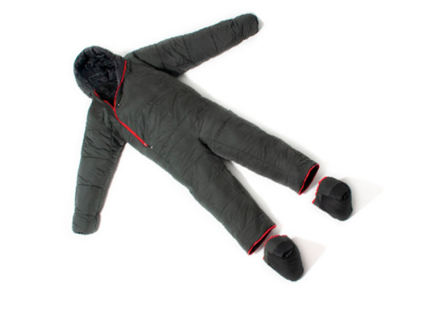 A black sleeping bag suit with red zips and details. It has the feet removed from the suit and shown next to it.