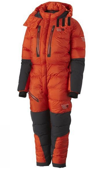 A puffy, orange sleeping bag suit. It has black sleeved and black sections on the legs, with black and orange zips on the chest.