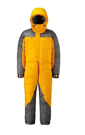 A yellow and grey sleeping bag suit with a hood. It has a zip down the middle.