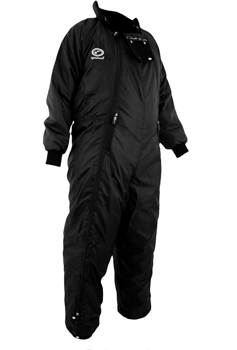 A black sleeping bag suit which has a diagonal zip from one side to the other.