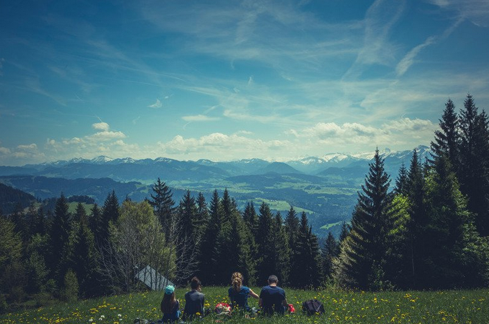 A family sat in the grass, facing away, overlooking a blue sky and clouds, tall green trees and mountains covered in snow.