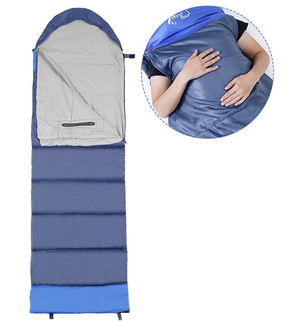 A blue sleeping bag which has the top folded over to reveal the grey inside of the bag. 