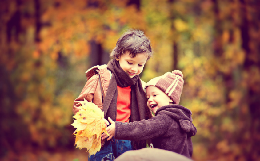 Two boys facing eachother holding autumn leaves