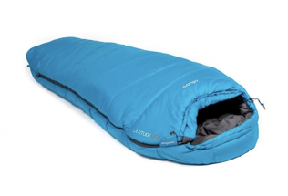 A light blue mummy sleeping bag with a hood