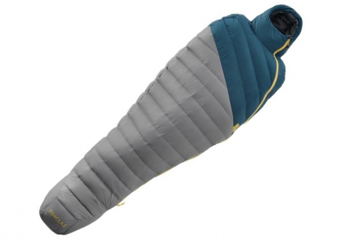 A grey and teal sleeping bag with a hood