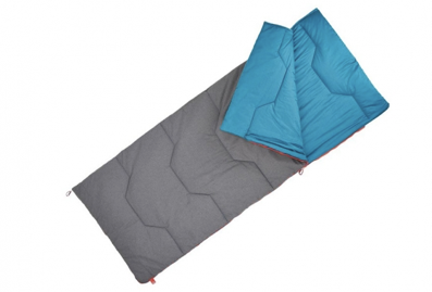 A blue and grey cotton, rectangle sleeping bag