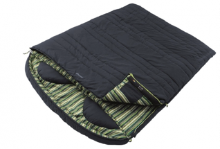 A striped and navy double sleeping bag