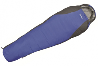 A blue and black mummy sleeping bag with a hood