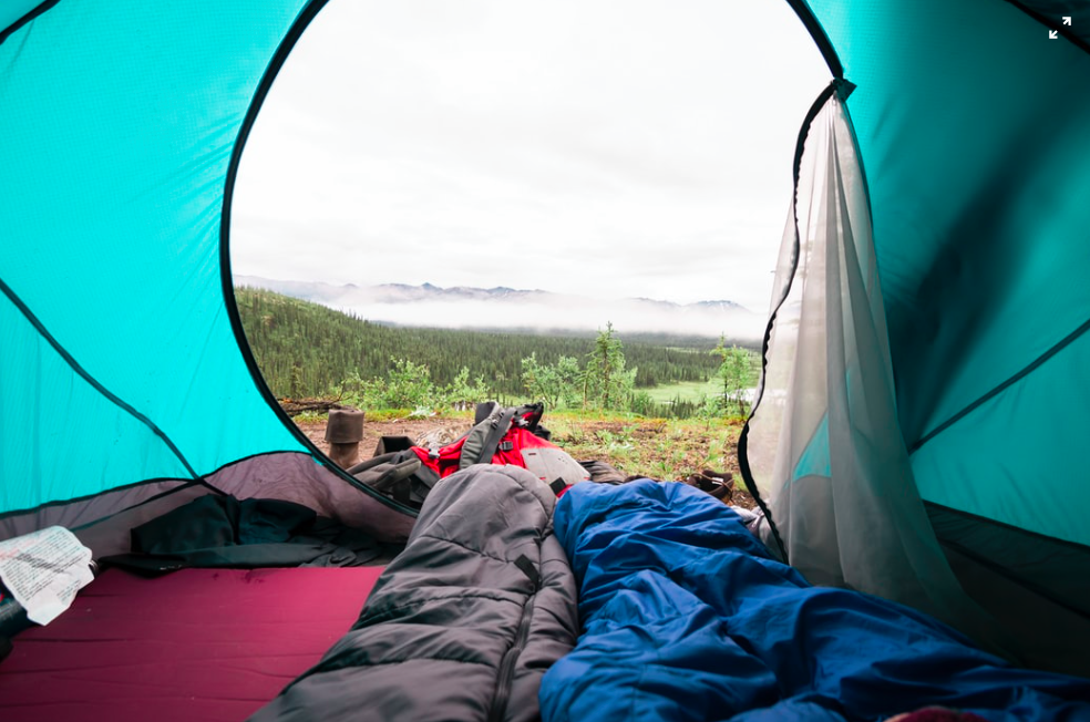 The view from inside a tent, outside of the door showing grass, trees and a mountain top