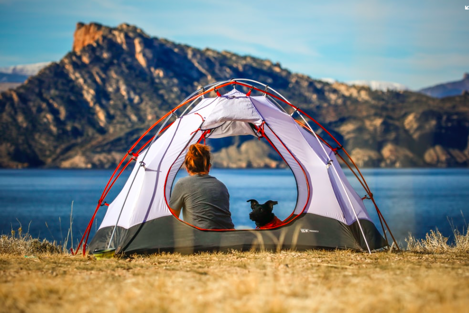 A woman and her dog sitting in a tent with a lake and mountain behind them.