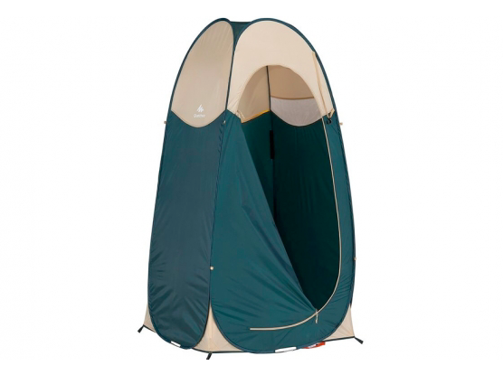 A green and brown cubicle tent