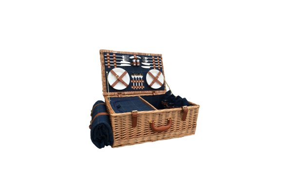 Wicker 4 Person Blue Tweed Picnic Basket -