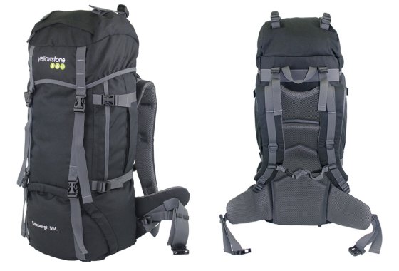 Yellowstone Edinburgh 65L Rucksack Black - side and rear vie