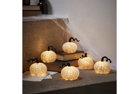 6 Mini Antique Silver Light Up Pumpkin Decorations