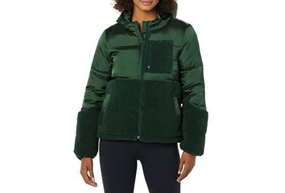 Amazon Essentials Sherpa Puffer Jacket, Dark Green, Shiny, X