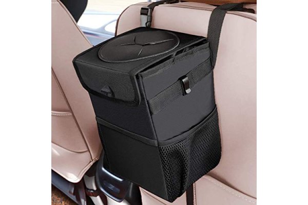 Car Bin, Winzwon Car Trash Can with Lid and Storage Side Poc