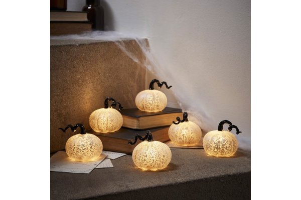 6 Mini Antique Silver Light Up Pumpkin Decorations