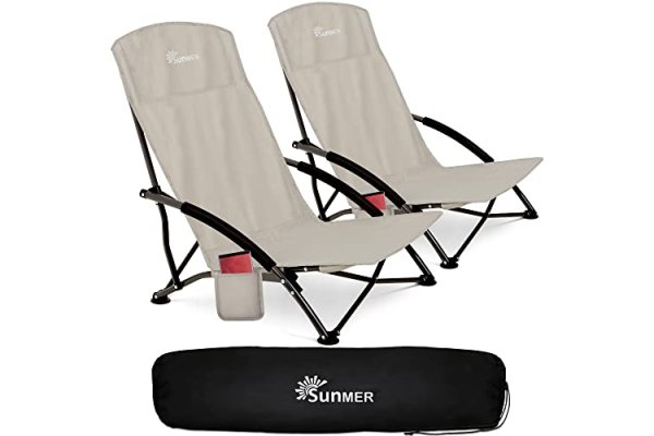 SUNMER Set of 2 Folding Beach Chair with Side Pocket & Carry