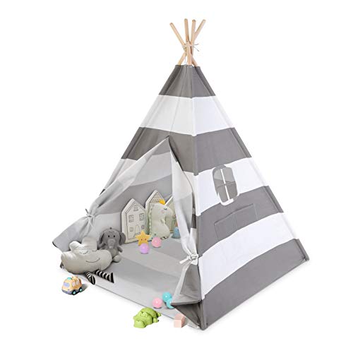 The Safest Childrens Playhouse with Window/Floor Stable Tipi FoFxly Indian Play Tent Wooden Poles & Sturdy Cotton Canvas & Nylon Strap & Non-Slip End Cover Grey Stripe Durable Teepee for Kids 