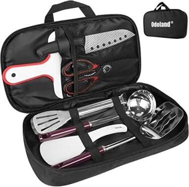 Odoland 8Pcs Camping Kitchen Utensil Organizer Travel Set wi