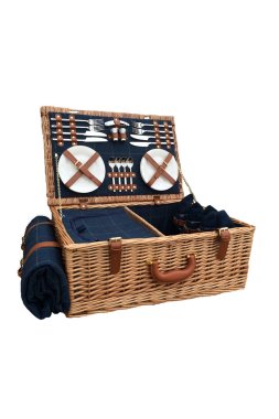 Wicker 4 Person Blue Tweed Picnic Basket -